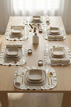 Pamuklu Fırfırlı Kendinden Çizgili Kare Supla 6'lı Set Amerikan Servis 33 Cm Çap Supla