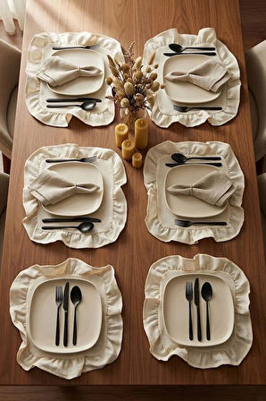 Pamuklu Fırfırlı Kendinden Çizgili Kare Supla 6'lı Set Amerikan Servis 33 Cm Çap Supla