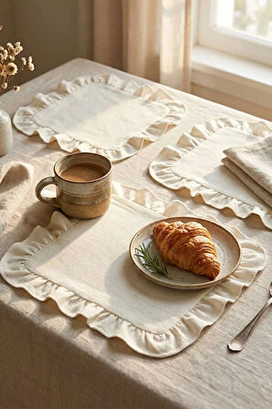 Pamuklu Fırfırlı Kendinden Çizgili Kare Supla 6'lı Set Amerikan Servis 33 Cm Çap Supla