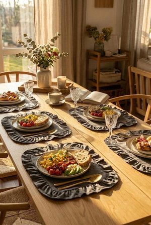 Pamuklu Fırfırlı Kare Supla 6'lı Set Amerikan Servis 33 Cm Supla Gri