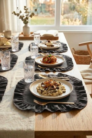 Pamuklu Fırfırlı Kare Supla 6'lı Set Amerikan Servis 33 Cm Supla Gri