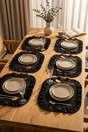 Pamuklu Fırfırlı Kare Supla 6'lı Set Amerikan Servis 33 Cm Supla Siyah