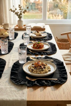 Pamuklu Fırfırlı Kare Supla 6'lı Set Amerikan Servis 33 Cm Supla Siyah
