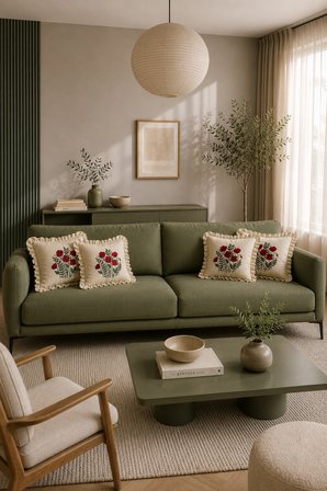 4'lü Fırfırlı Gelincik Desenli Dekoratif Kırlent Kılıfı %100 Pamuk Organik Boya Baskılı 45x45 cm