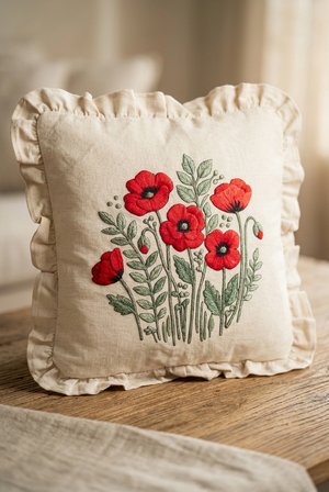 Fırfırlı Gelincik Desenli Dekoratif Kırlent Kılıfı %100 Pamuk Organik Boya Baskılı 45x45 cm