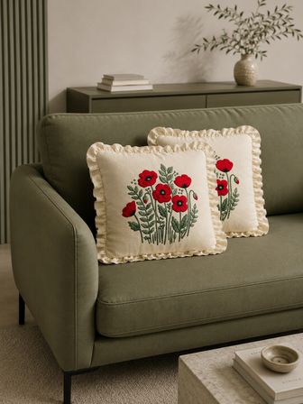 2'li Fırfırlı Gelincik Desenli Dekoratif Kırlent Kılıfı %100 Pamuk Organik Boya Baskılı 45x45 cm