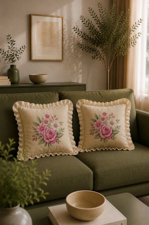 4'lü Fırfırlı Çiçek Desenli Dekoratif Kırlent Kılıfı %100 Pamuk Organik Boya Baskılı 45x45 cm