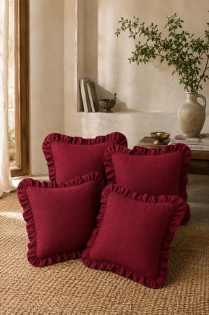 4’lü Bordo Fırfırlı Dekoratif Kırlent Kılıfı %100 Pamuk 45x45 cm