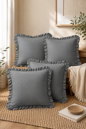 4’lü Antrasit Fırfırlı Dekoratif Kırlent Kılıfı %100 Pamuk 45x45 cm