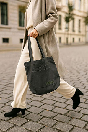 Çok Amaçlı Premium Tek Çıtlı Life Baskılı Siyah Orta Boy Kanvas El ve Omuz Çantası