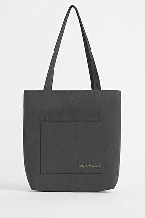 Çok Amaçlı Premium Tek Çıtlı Life Baskılı Siyah Orta Boy Kanvas El ve Omuz Çantası