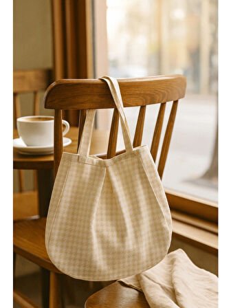 Bej Çok Amaçlı Premium Oversize Kazayağı Orta Boy Kanvas Kadın El ve Omuz Çantası