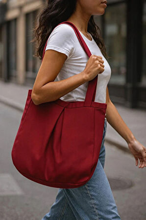 Bordo Çok Amaçlı Premium Oversize Noktalı Orta Boy Kanvas Kadın El ve Omuz Çantası