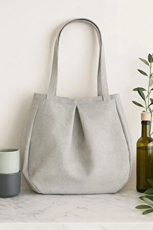 Gri Çok Amaçlı Premium Oversize Düz Orta Boy Kanvas Kadın El ve Omuz Çantası