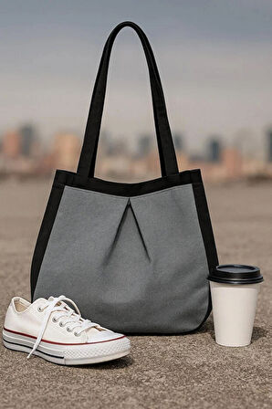 Siyah Gri Çok Amaçlı Premium Oversize Düz Orta Boy Kanvas Kadın El ve Omuz Çantası