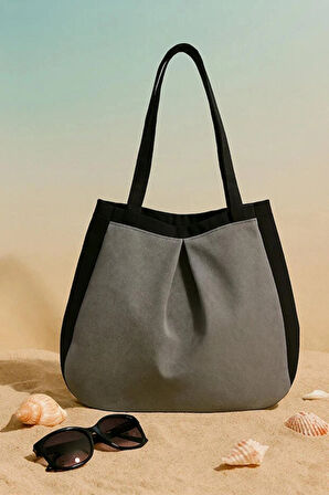 Siyah Gri Çok Amaçlı Premium Oversize Düz Orta Boy Kanvas Kadın El ve Omuz Çantası