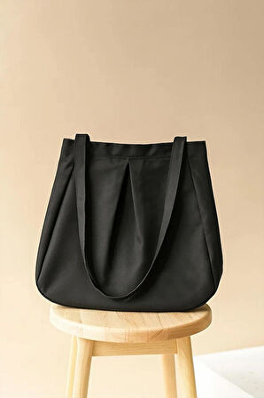 Siyah Çok Amaçlı Premium Oversize Düz Orta Boy Kanvas Kadın El ve Omuz Çantası