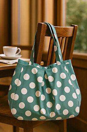 Su Yeşili Çok Amaçlı Premium Oversize Puantiyeli Orta Boy Kanvas Kadın El ve Omuz Çantası