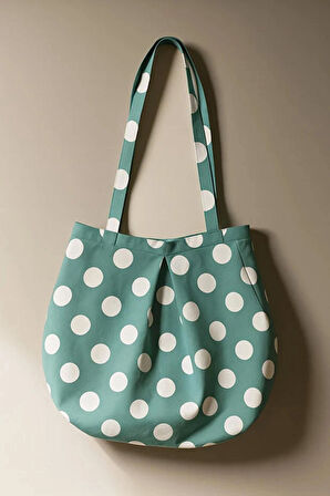 Su Yeşili Çok Amaçlı Premium Oversize Puantiyeli Orta Boy Kanvas Kadın El ve Omuz Çantası