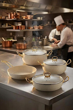 7 Parça Leon Granit Tencere ve Tava Seti – 20 cm 2.5L, 24 cm 4.5L, 26 cm Basık 3L, 26 cm Tava