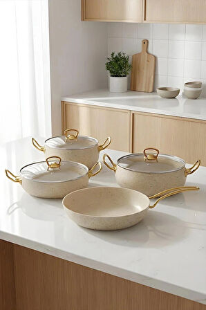 7 Parça Leon Granit Tencere ve Tava Seti – 20 cm 2.5L, 24 cm 4.5L, 26 cm Basık 3L, 26 cm Tava