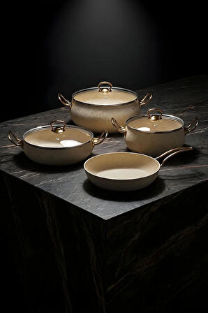 7 Parça Leon Granit Tencere ve Tava Seti – 20 cm 2.5L, 24 cm 4.5L, 26 cm Basık 3L, 26 cm Tava