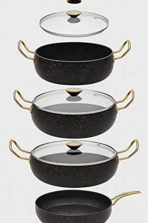 7 Parça Granada Granit Tencere ve Tava Seti – 20 cm 2.5L, 24 cm 4.5L, 26 cm Basık 3L, 26 cm Tava