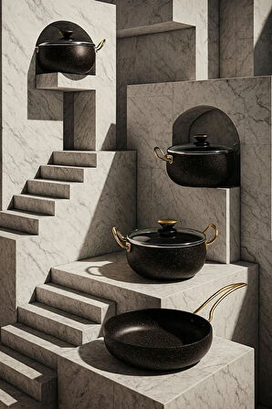 7 Parça Granada Granit Tencere ve Tava Seti – 20 cm 2.5L, 24 cm 4.5L, 26 cm Basık 3L, 26 cm Tava