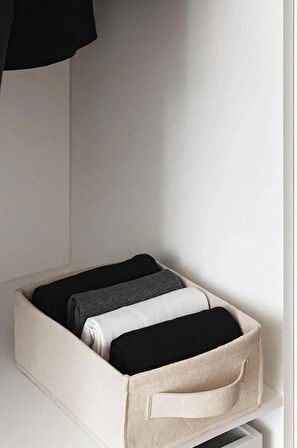Bej Dolap İçi, Çamaşır, Oyuncak Düzenleyici, Saklama Kutusu, Keçe Sepet Organizer 38x25x13 cm