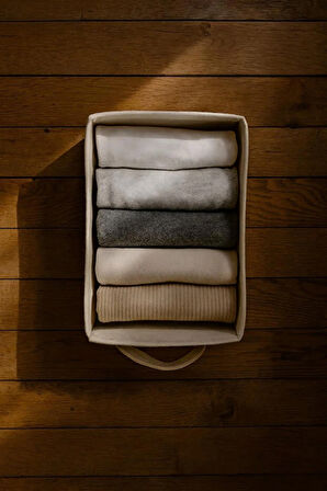 Bej Dolap İçi, Çamaşır, Oyuncak Düzenleyici, Saklama Kutusu, Keçe Sepet Organizer 38x25x13 cm