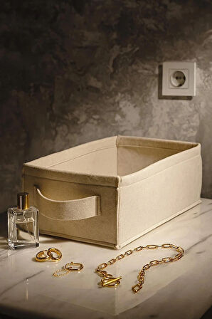 Bej Dolap İçi, Çamaşır, Oyuncak Düzenleyici, Saklama Kutusu, Keçe Sepet Organizer 38x25x13 cm