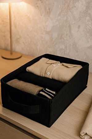 Siyah Dolap İçi, Çamaşır, Oyuncak Düzenleyici, Saklama Kutusu, Keçe Sepet Organizer 38x25x13 cm