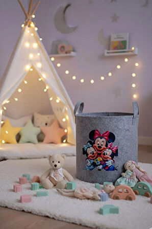 Keçe Oyuncak Sepeti – Çizgi Film Desenli, Katlanabilir Kulplu, Çocuk Odası Düzenleyici 38x39