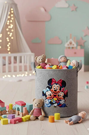 Keçe Oyuncak Sepeti – Çizgi Film Desenli, Katlanabilir Kulplu, Çocuk Odası Düzenleyici 38x39