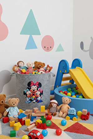 Keçe Oyuncak Sepeti – Çizgi Film Desenli, Katlanabilir Kulplu, Çocuk Odası Düzenleyici 38x39