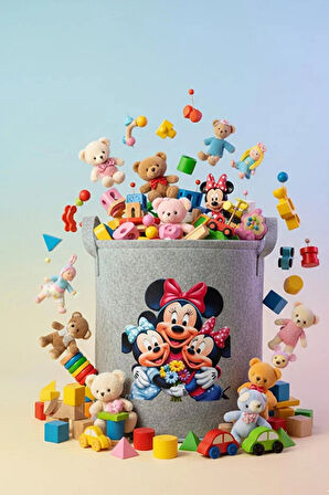 Keçe Oyuncak Sepeti – Çizgi Film Desenli, Katlanabilir Kulplu, Çocuk Odası Düzenleyici 38x39