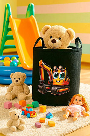 Keçe Oyuncak Sepeti – Çizgi Film Desenli, Katlanabilir Kulplu, Çocuk Odası Düzenleyici 38x39