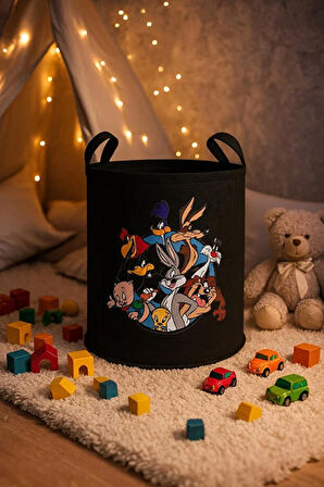Keçe Oyuncak Sepeti – Çizgi Film Desenli, Katlanabilir Kulplu, Çocuk Odası Düzenleyici 38x39