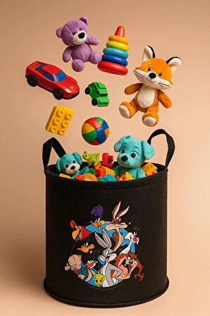 Keçe Oyuncak Sepeti – Çizgi Film Desenli, Katlanabilir Kulplu, Çocuk Odası Düzenleyici 38x39