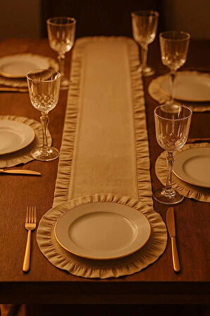 Fırfırlı Runner ve Supla Takımı - Masa Örtüsü Takımı 7 Parça 150x50