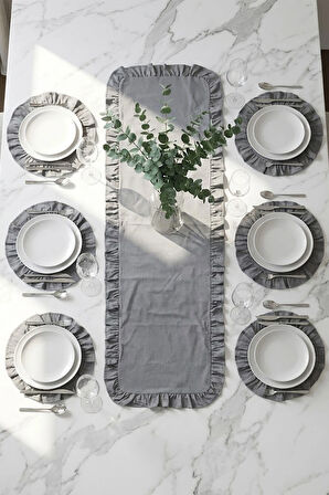 Fırfırlı Runner ve Supla Takımı - Masa Örtüsü Takımı 7 Parça 150x50