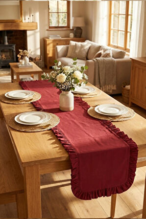 Bordo Fırfırlı Masa Runner 150x50 cm – Şık Dekoratif Masa Örtüsü