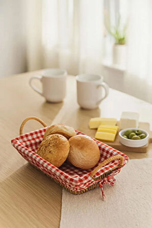 Dikdörtgen Hasır Ekmek Sepeti – Kırmızı Beyaz Kareli Kumaşlı Kahvaltı ve Sunum Sepeti