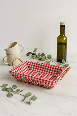 Dikdörtgen Hasır Ekmek Sepeti – Kırmızı Beyaz Kareli Kumaşlı Kahvaltı ve Sunum Sepeti
