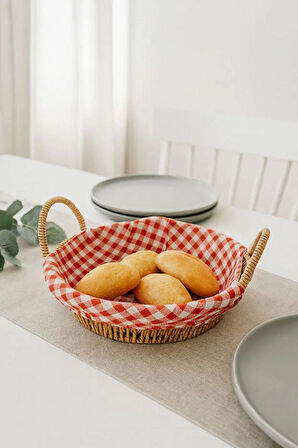Yuvarlak Hasır Ekmek Sepeti – Kırmızı Beyaz Kareli Kumaşlı Kahvaltı ve Sunum Sepeti