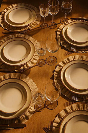 Bej Pamuklu Fırfırlı Supla 6'lı Set Amerikan Servis 33 Cm Çap Supla 6'lı