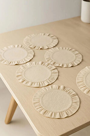 Bej Pamuklu Fırfırlı Supla 6'lı Set Amerikan Servis 33 Cm Çap Supla 6'lı