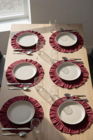 Bordo Pamuklu Fırfırlı Supla 6'lı Set Amerikan Servis 33 Cm Çap Supla 6'lı