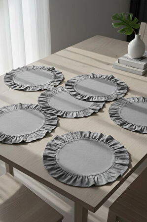 Füme Pamuklu Fırfırlı Supla 6'lı Set Amerikan Servis 33 Cm Çap Supla 6'lı