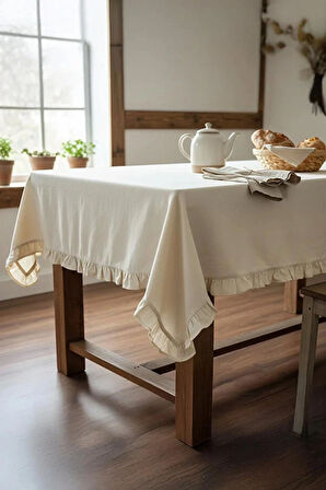 Fırfırlı Krem Pamuklu Masa Örtüsü – Şık ve Zarif Tasarım  120x160cm